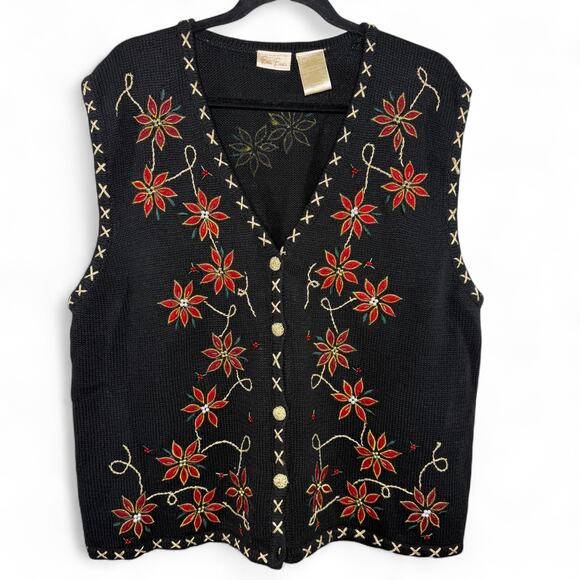 Vintage Bobbie Brooks XL Poinsettia Holiday Sweater Vest Grandmacore Beaded - Picture 1 of 7
